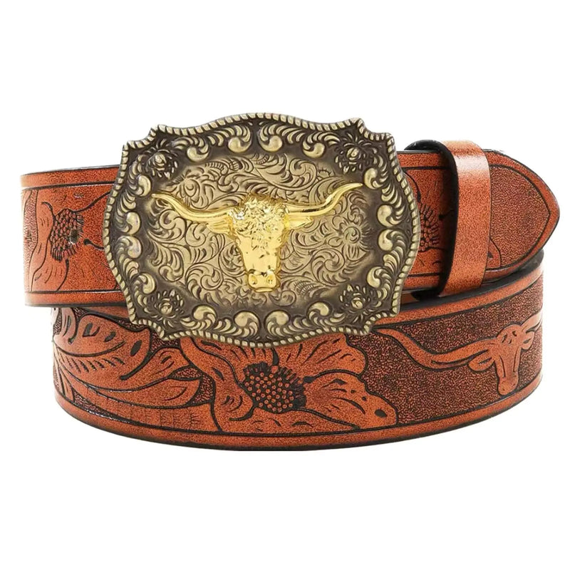 QIQILUXI Western Belt for Women Men Cowboys Cowgirls Carving Leather Country Belts Bullhead Buckles