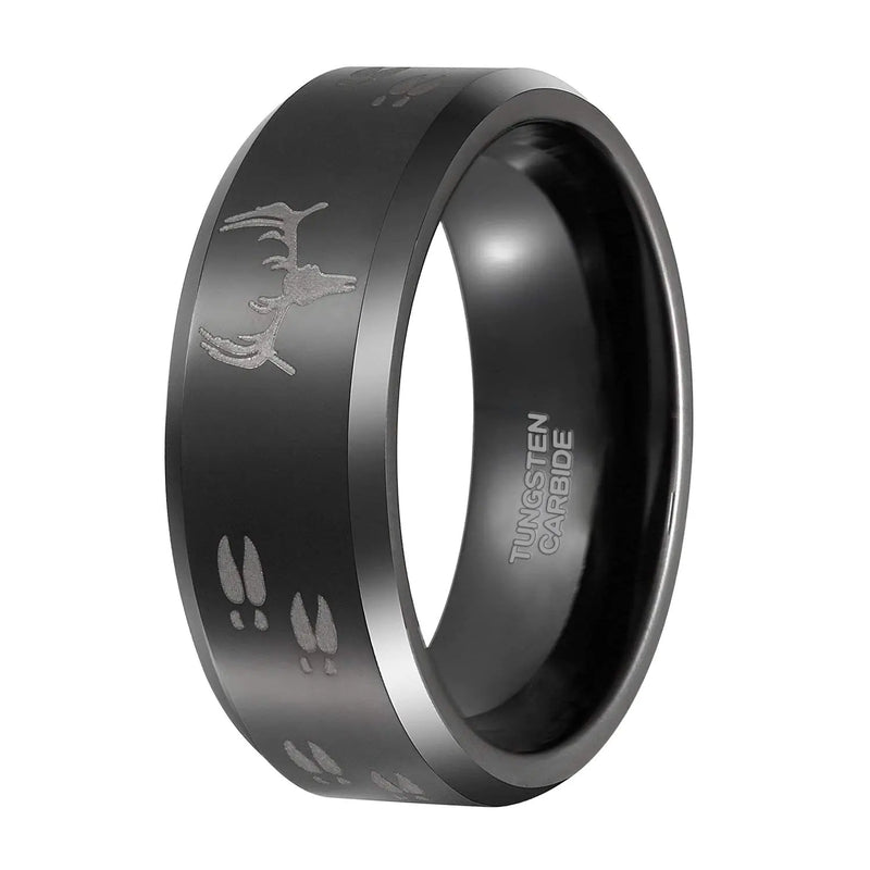 Black Etched Deer Head Tungsten Carbide Wedding Band Mens Hunting Ring Size 6