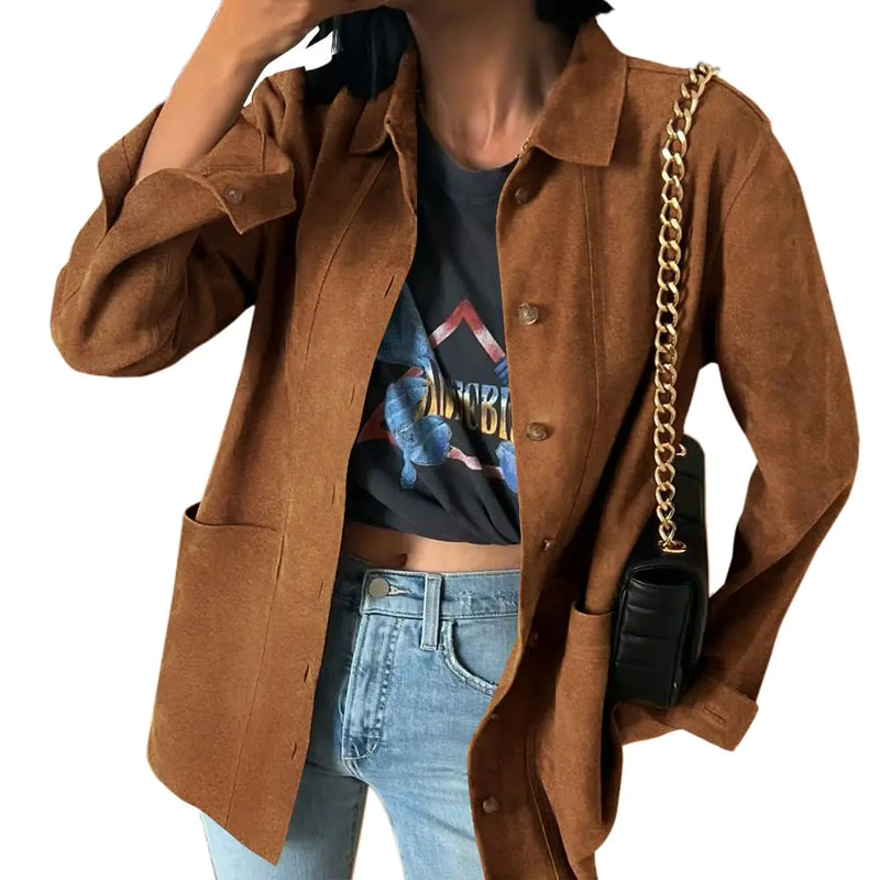 Tankaneo Womens Faux Suede Jackets Dressy Casual Button Down Long Sleeve Shacket Shirt 2024 Fall Clothes