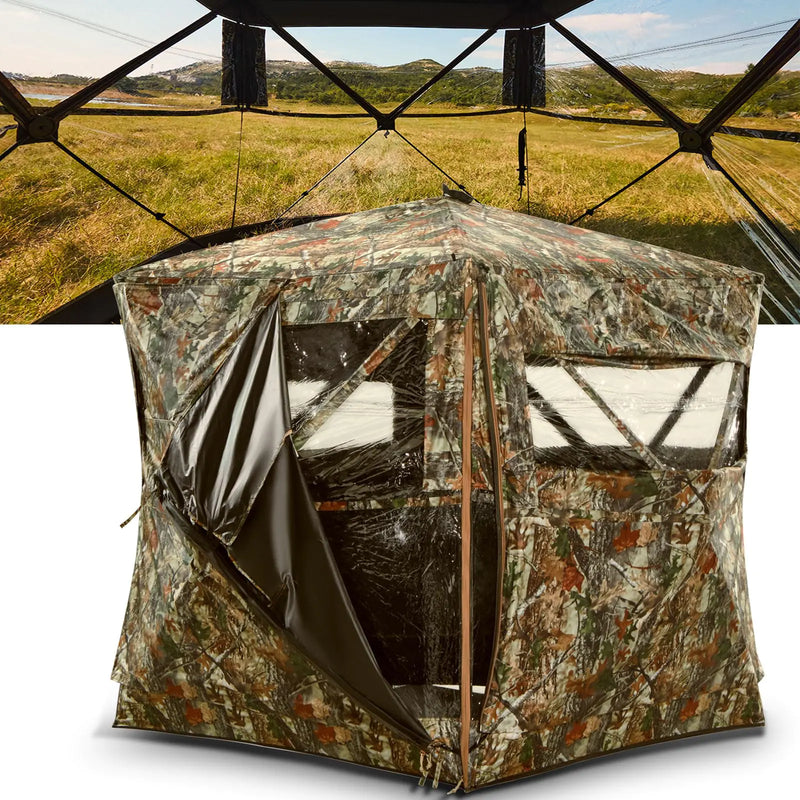 PHYSKE Hunting Blinds Ground Blind See Through Portable 2-3 Person 270 Degree Pop-up Hunting Blind Camouflage Hunting Blind for Deer & Turkey Hunting with Camouflage Cover(Standard)