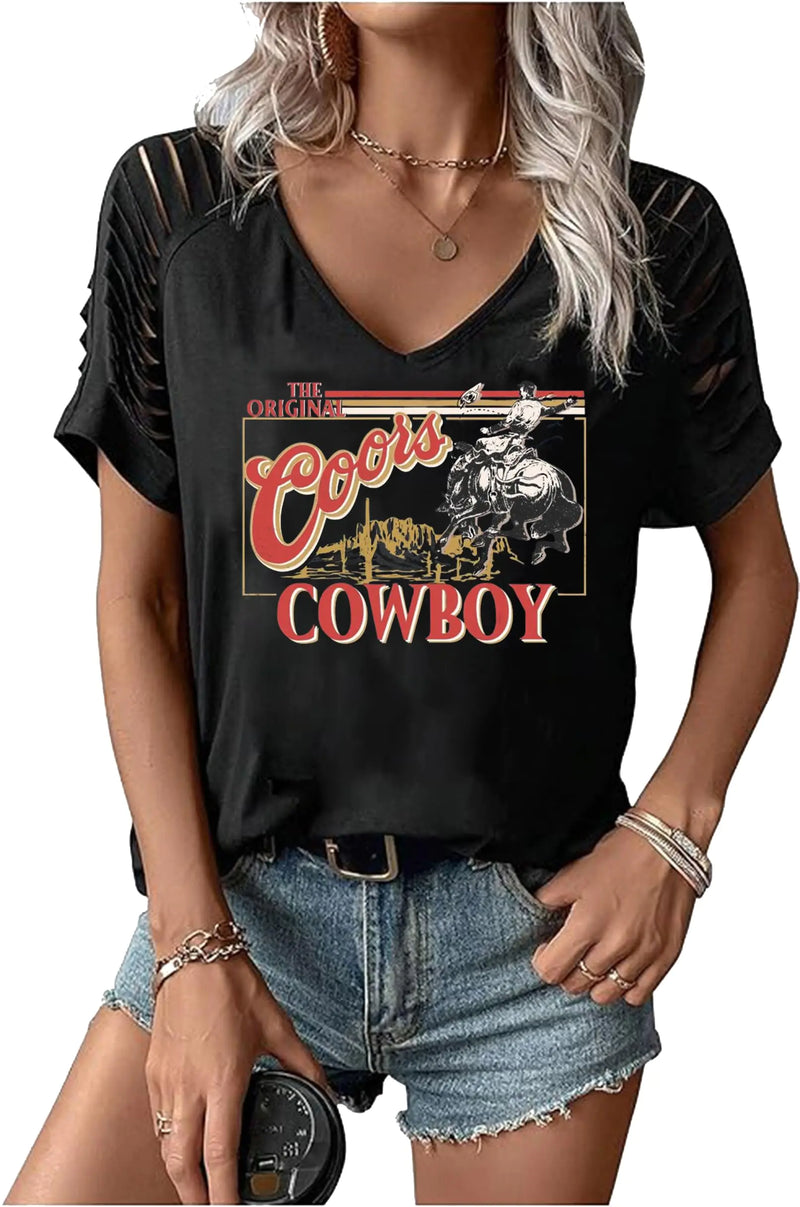 LANMERTREE Cut Out V Neck T Shirts Vintage Cowboys Western Country Rodeo T-Shirt Casual Country Concert T Shirts(Black/CowboyL)