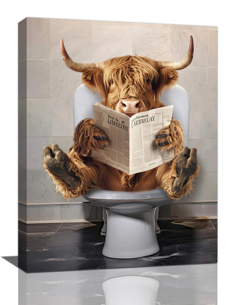 Highland Cow Bathroom Wall Art Funny Farmhouse Bathroom Pictures Wall Decor Western Cow on Toilet Canvas Print Painting Home Bathroom Signs Decoration Artwork Framed 12