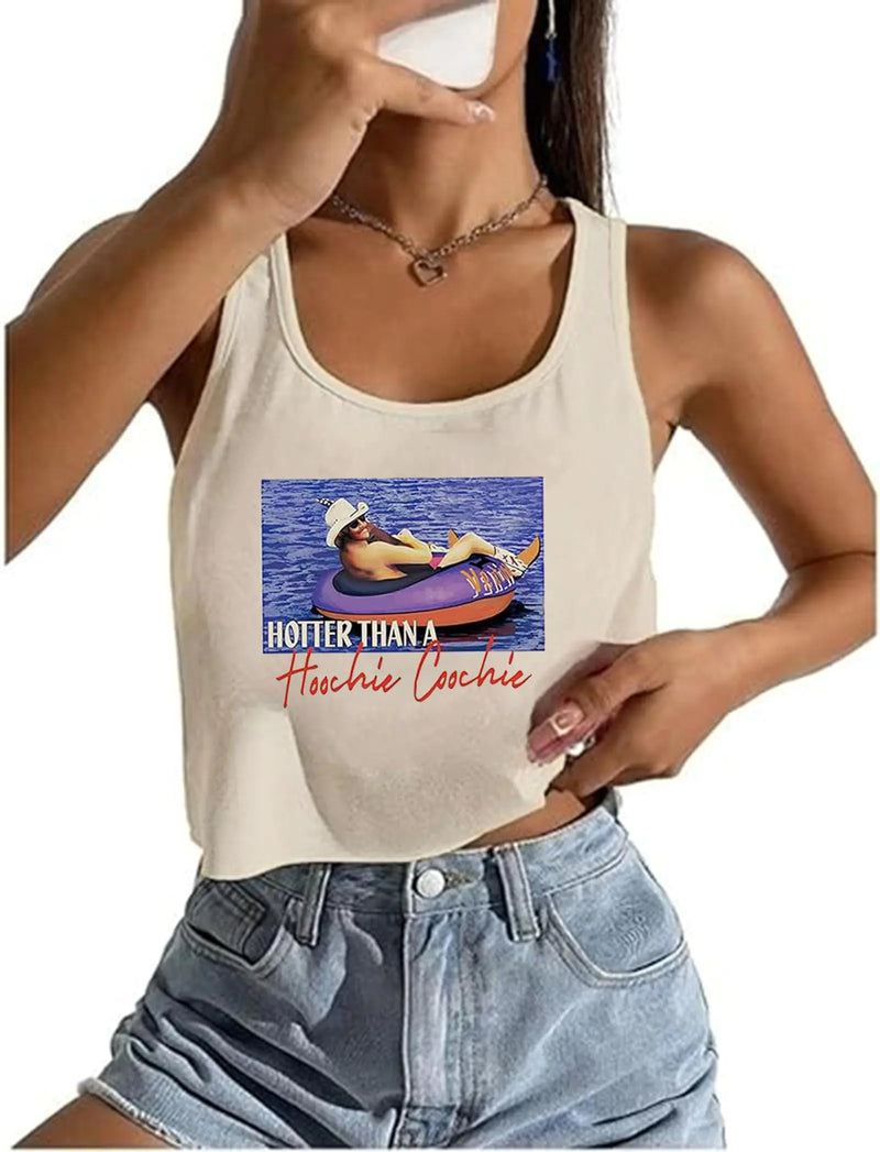 Hotter Than a Country Music Crop Tops for Women Vintage Country Music Graphic Shirt Tops Funny Beach Vacation Crop Tank Tops(BeigeS)