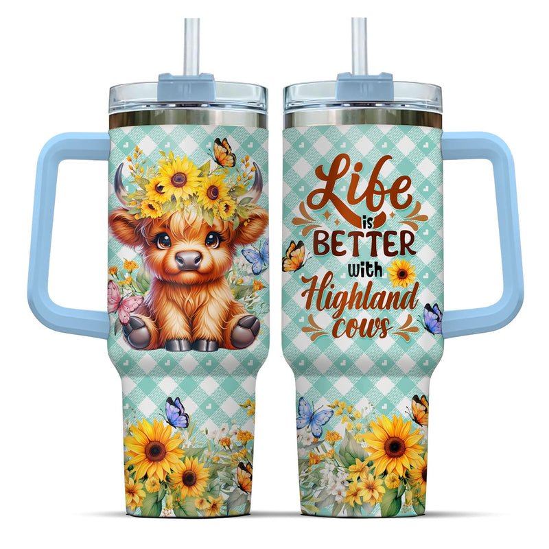 99OWL Highland Cow Gifts For Cups Butterfly Tumblers Women Yellow Handle Coffee Tumbler 40 Oz With Handle Lid And Straw Cute Highland Cow Sunflower