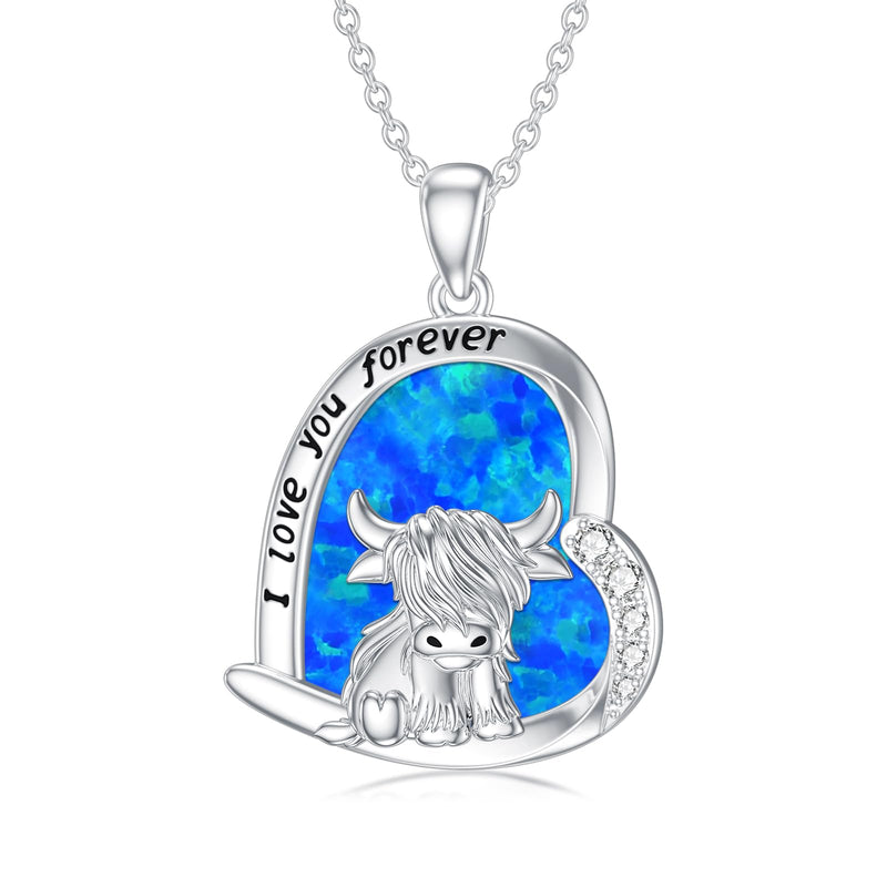 MEIDERBO Highland Cow Gifts for Women 925 Sterling Silver Highland Cow Necklace Highland Cow Jewelry Blue Opal Necklace for Women Cow Lover