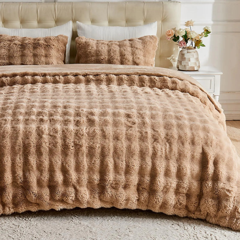 Lotus Karen Fluffy Comforter Cover Set-Rabbit Fluff Faux Fur Duvet Cover King SizeCoffee Plush Fuzzy Furry Bedding Sets 3Pieces(1 Duvet Cover & 2 Pillow Shams)Zipper Closure