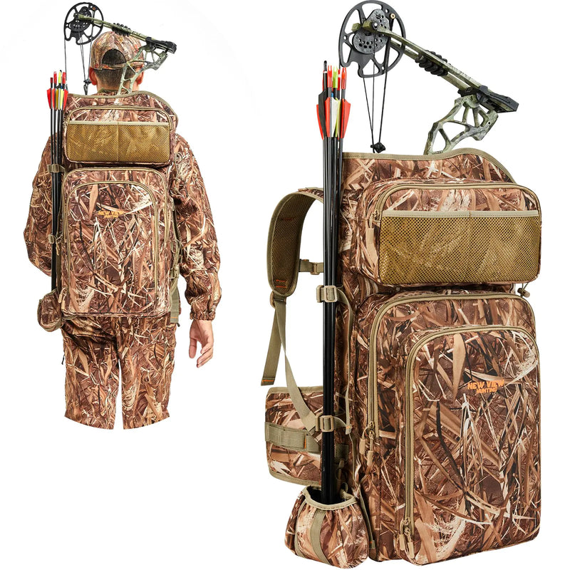 NEW VIEW Camo Bow Hunting Backpack for Men and Women Saddle Back Pack with Bow Holder Elk and Deer Bag (Camo Reeds)
