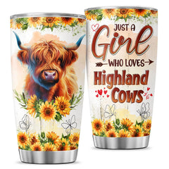JENOIS Just A Girl Highland Cow Tumbler 20 Oz With Lid And Straw Highland Cow Gifts Sunflower Flower Cups Floral