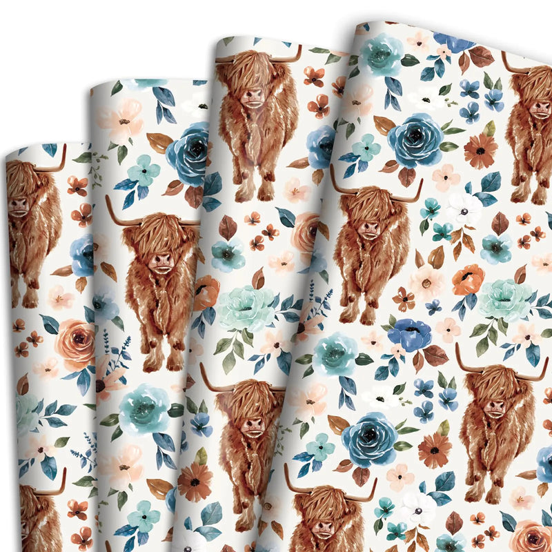 Vnaaem Boho Floral Highland Cow Wrapping Paper for boys girls- 6pcs Boho Floral Gift Wrap Paper Bulk with Highland Cow for Baby Shower Birthday Wedding Crafts Gift Packing(19.6 X27.8Inch)