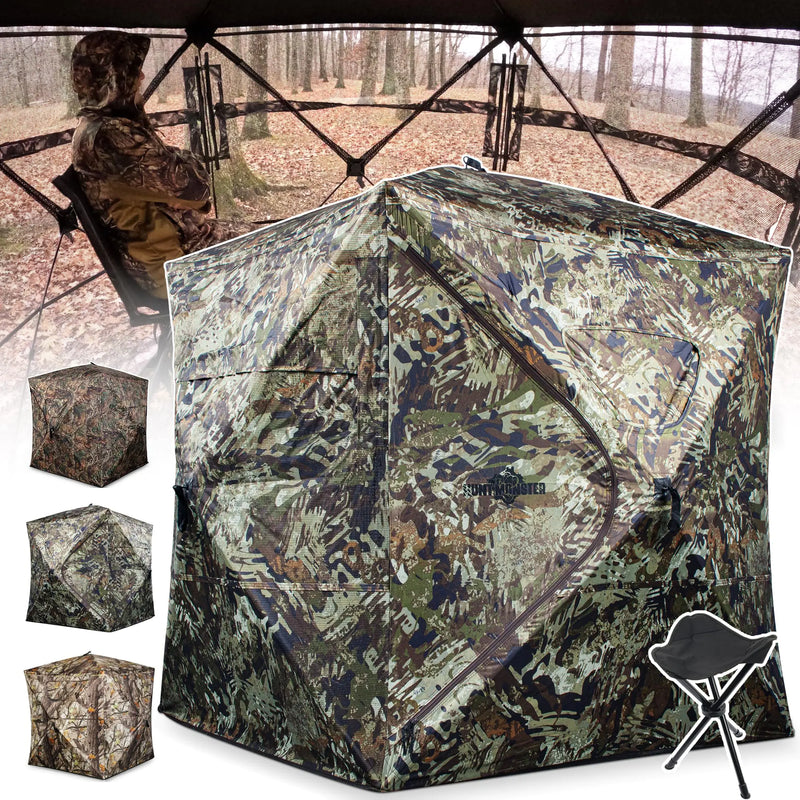 ShedOFF Hunting Blind 1-3 Person with Portable Hunting Chair 270 Degree See Through Pop up Ground Blinds for Deer Turkey Duck Hunting Bow Hunting Adjust Windows with Silent Zipper(CAMO Rush)