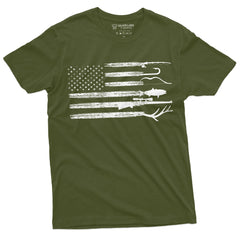 Mens Hunting Fishing Shirt USA Flag Nature Camo Shirt Father Gift Ideas Patriotic Tee (Medium Military Green)
