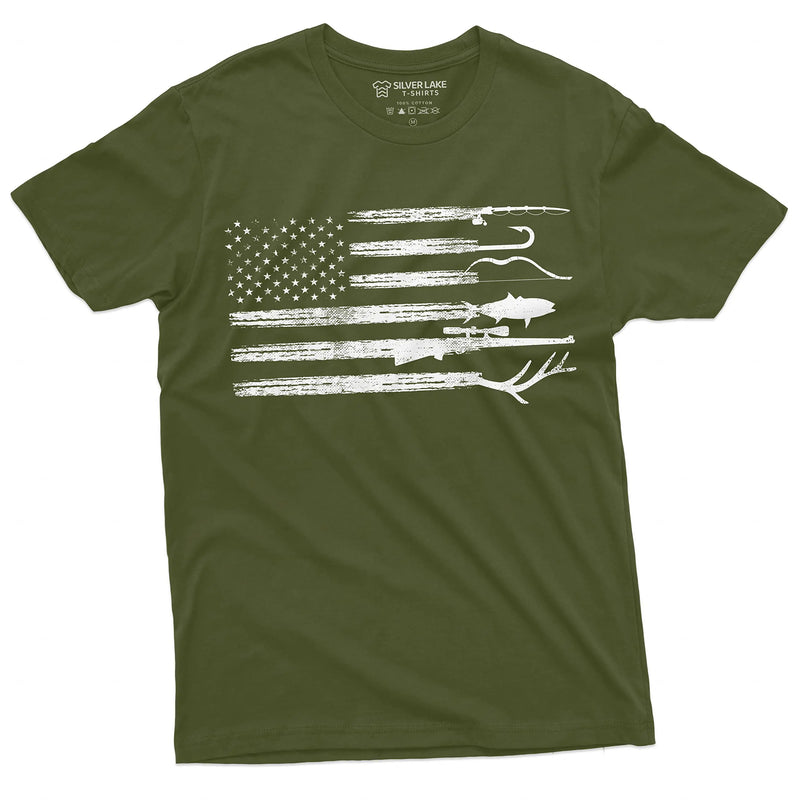 Mens Hunting Fishing Shirt USA Flag Nature Camo Shirt Father Gift Ideas Patriotic Tee (Medium Military Green)