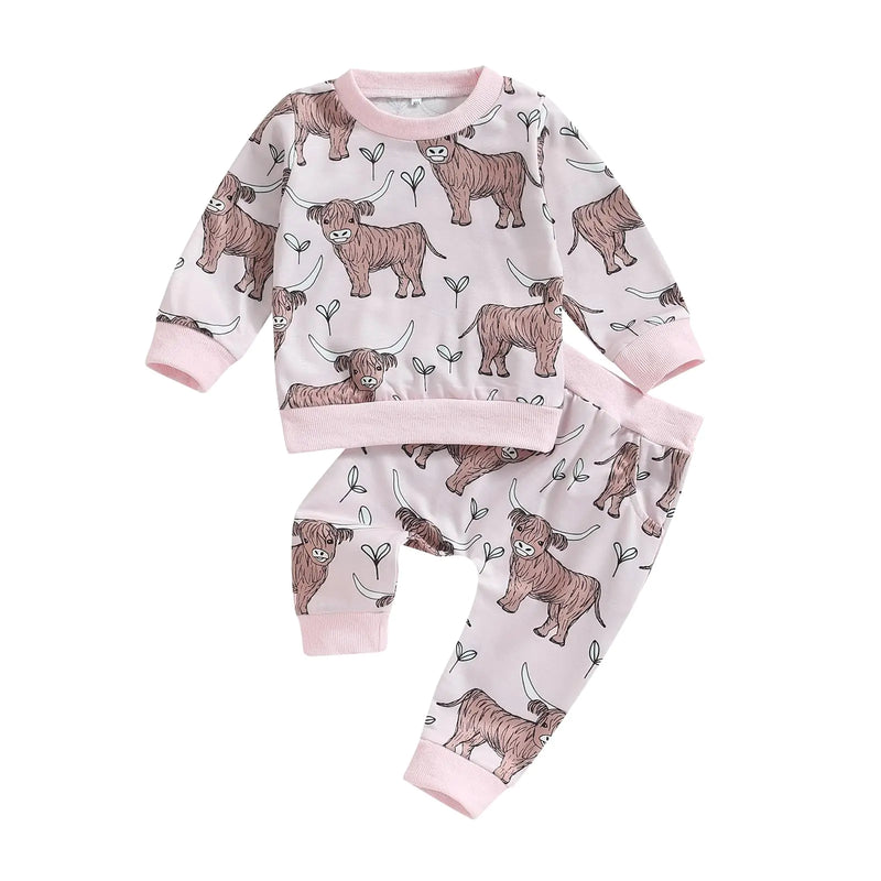 Dewadbow Western Baby Boy Girl Clothes Highland Cow Print Outfit Long Sleeve Sweatshirt Top Elastic Waist Pants Outfit Set (Pink 2-3T)