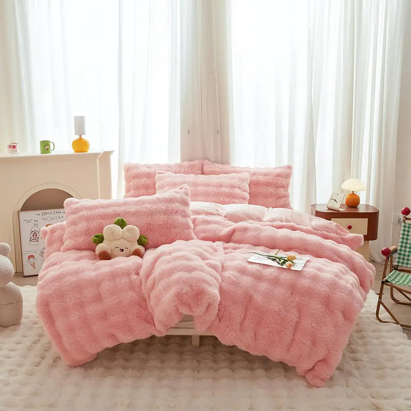 chovy Kids Girls Rabbit Plush Pink Comforter Sets Queen - 3PC Faux Fur Bed Set Skin Friendly Soft Warm Velvet Flannel Fluffy Fuzzy Bedding（Comforter x 1 Pillowcases x 2）